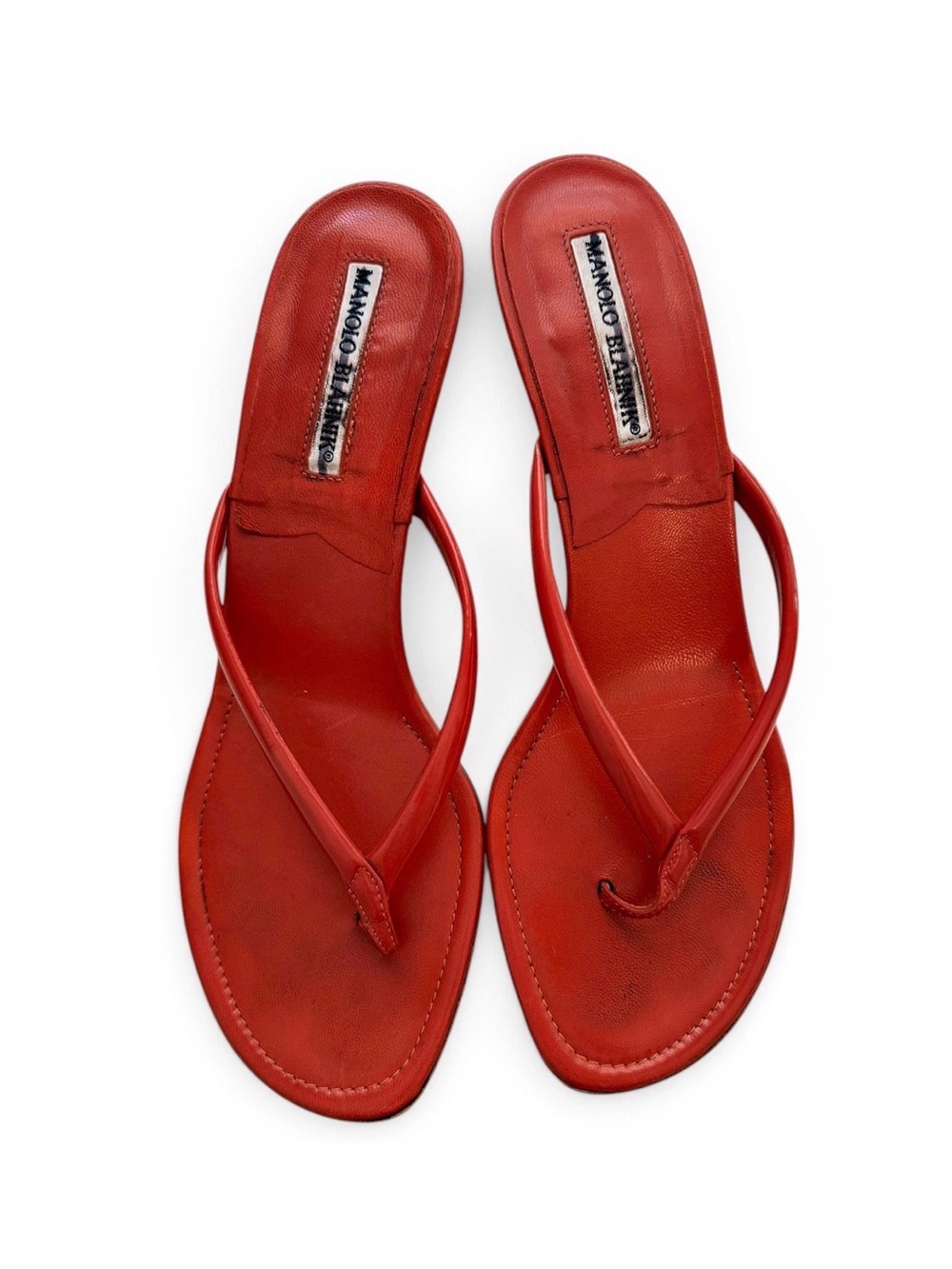 Manolo Blahnik Paterno EU 38.5 Red Coral Vintage Thong Kitten Heels Sandals